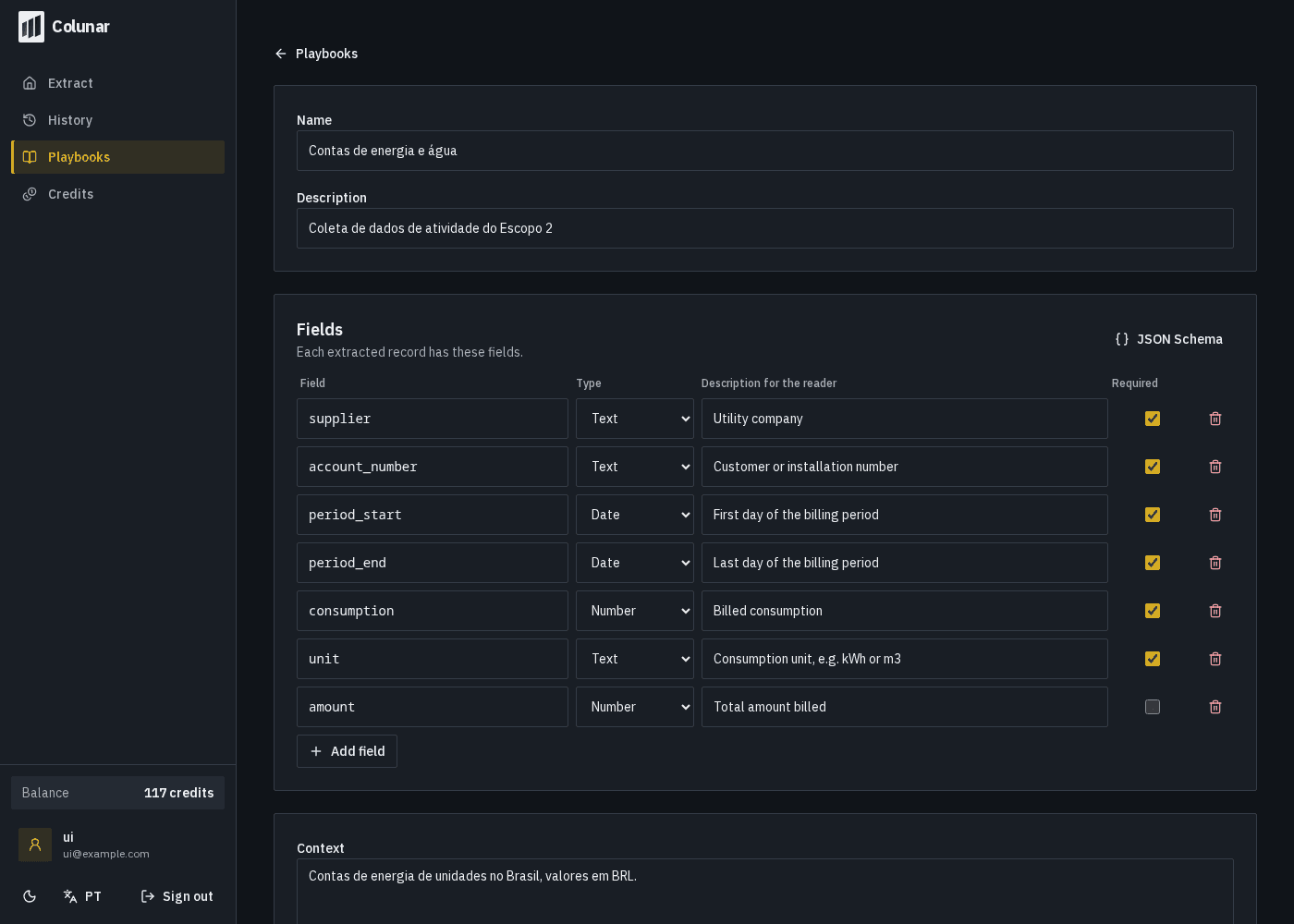 Colunar playbook editor with fields, types, required flags and reading instructions