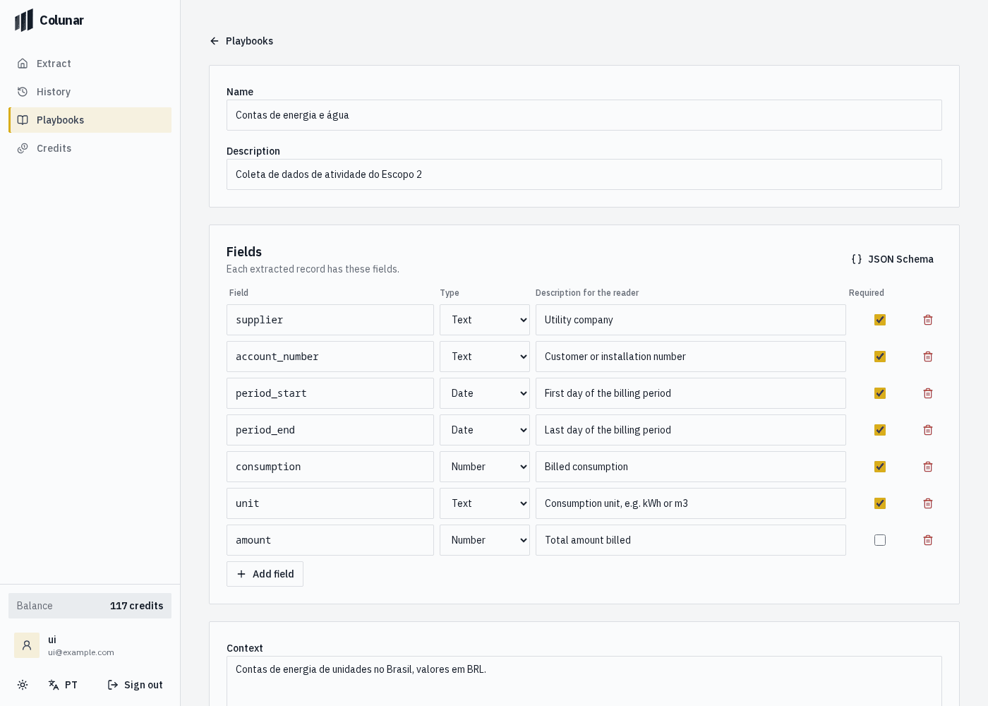 Colunar playbook editor with fields, types, required flags and reading instructions