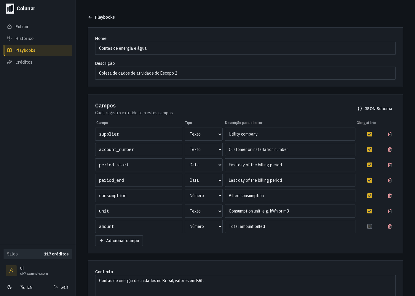 Editor de playbook do Colunar com campos, tipos, obrigatórios e instruções de leitura