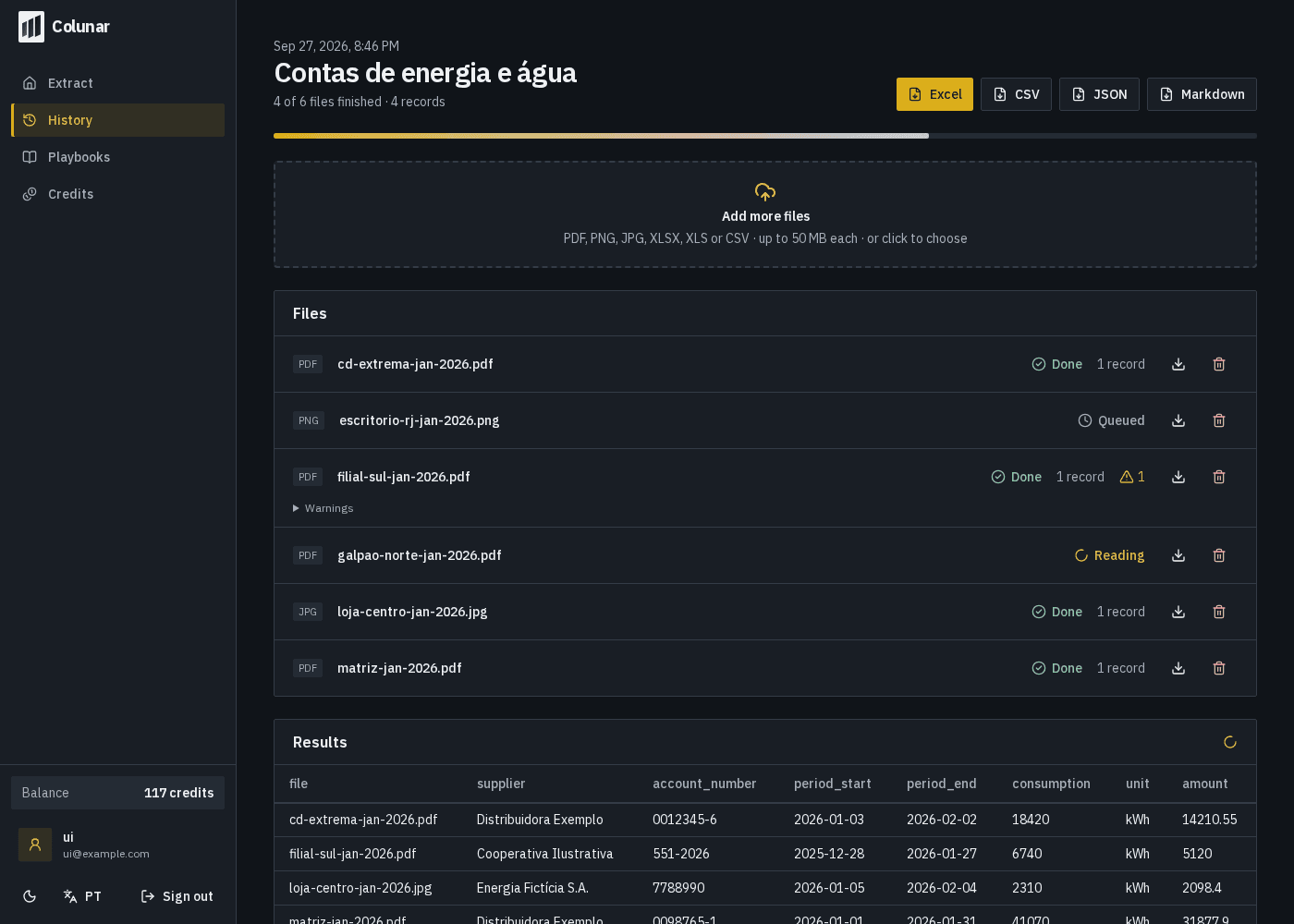 Colunar screen with a run in progress: file list with status and the results table being filled