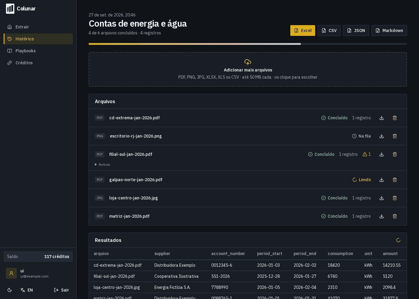 Tela do Colunar com uma execução em andamento: lista de arquivos com estado e a tabela de resultados sendo preenchida