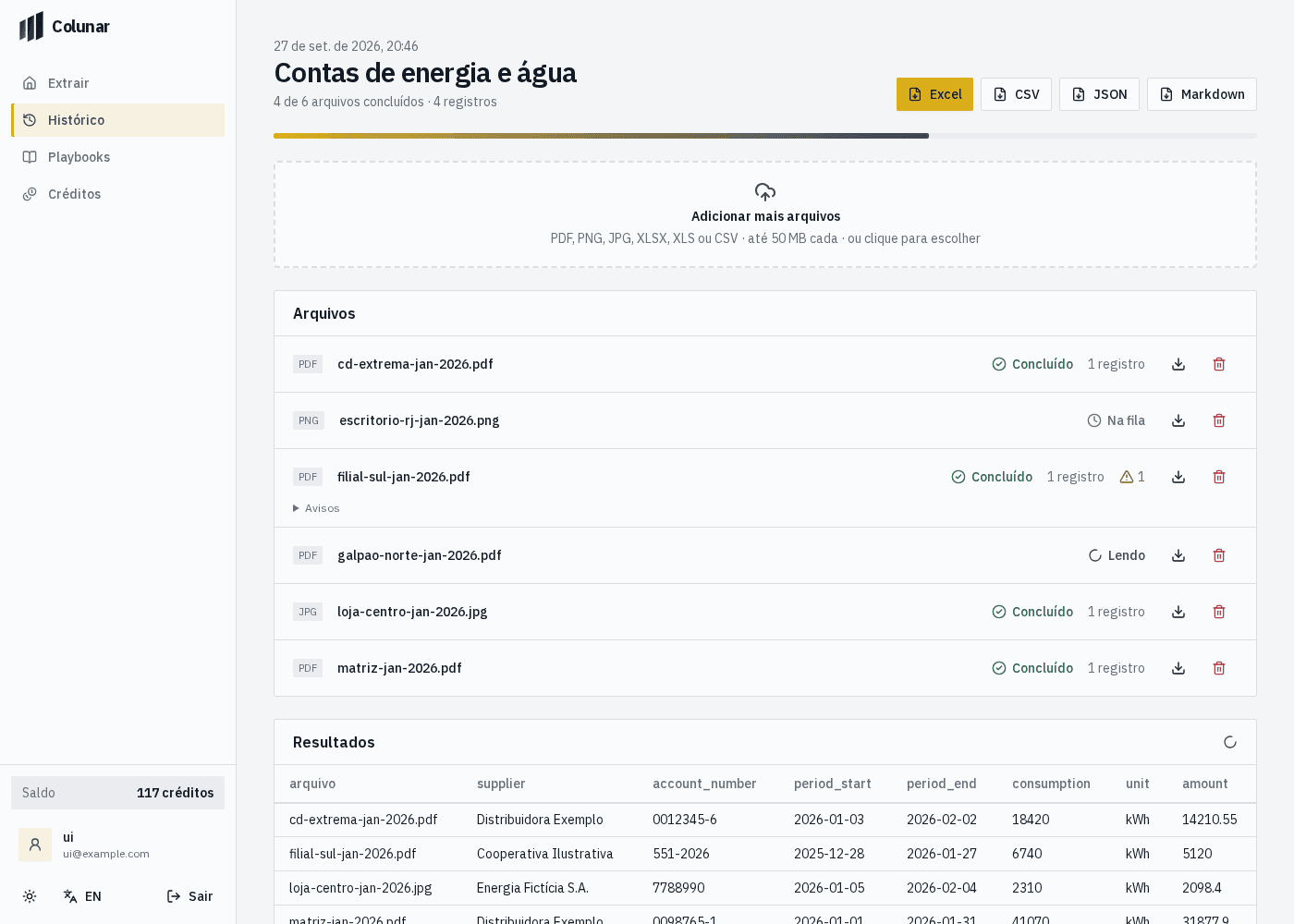 Tela do Colunar com uma execução em andamento: lista de arquivos com estado e a tabela de resultados sendo preenchida